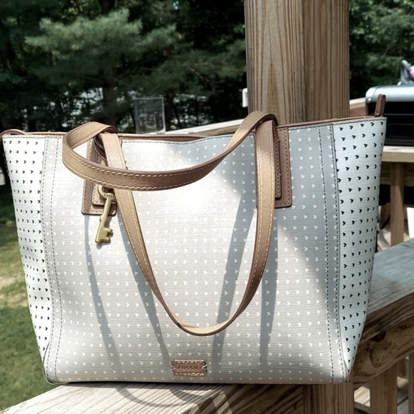 Fossil Handbags - FOSSIL Emma heart Polkas Grey n white  Shoppers Shoulder Tote Bag